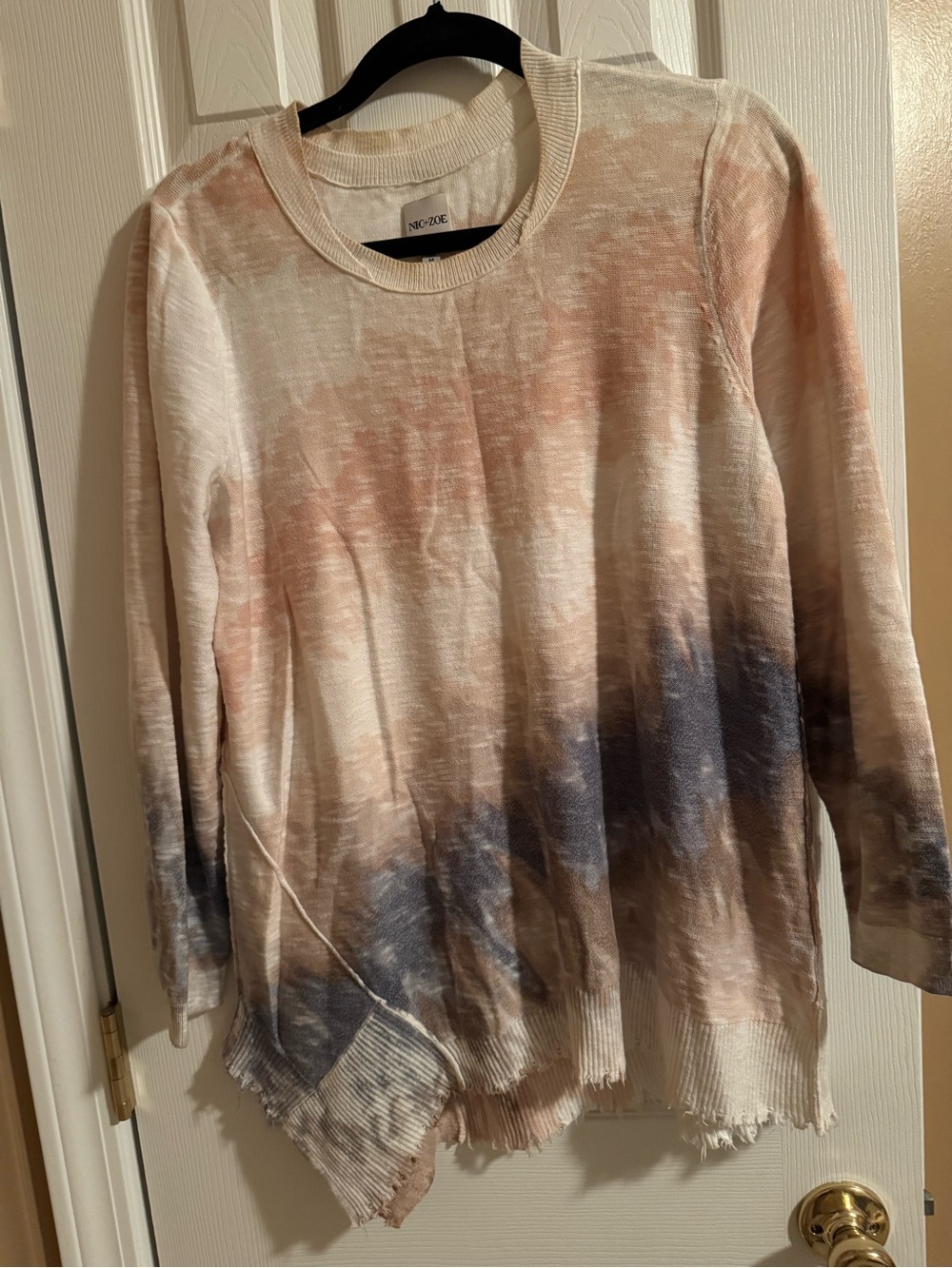 NIC+ZOE Beige Tie-Dye Crewneck Sweater with Blue Accents